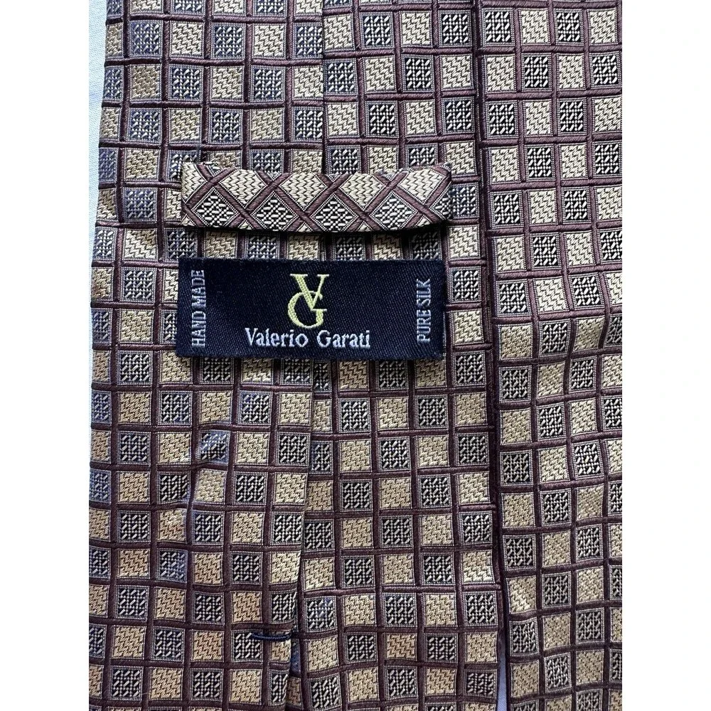 Valerio Garati Handmade Pure Silk Designer Tie Brown Gold Black Geometric